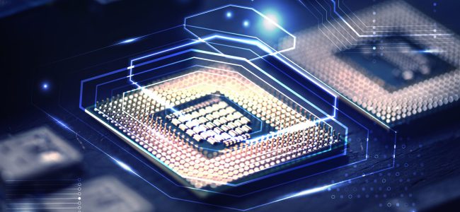 Smart microchip background on a motherboard closeup technology remix